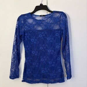 AX Paris Blue Long Sleeve Top with Sheer Mesh Overlay M/L RUNS SMALL